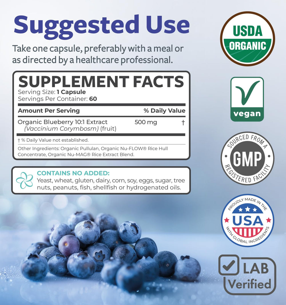 Pure Co blueberry extract capsules being poured to illustrate easy dosing.