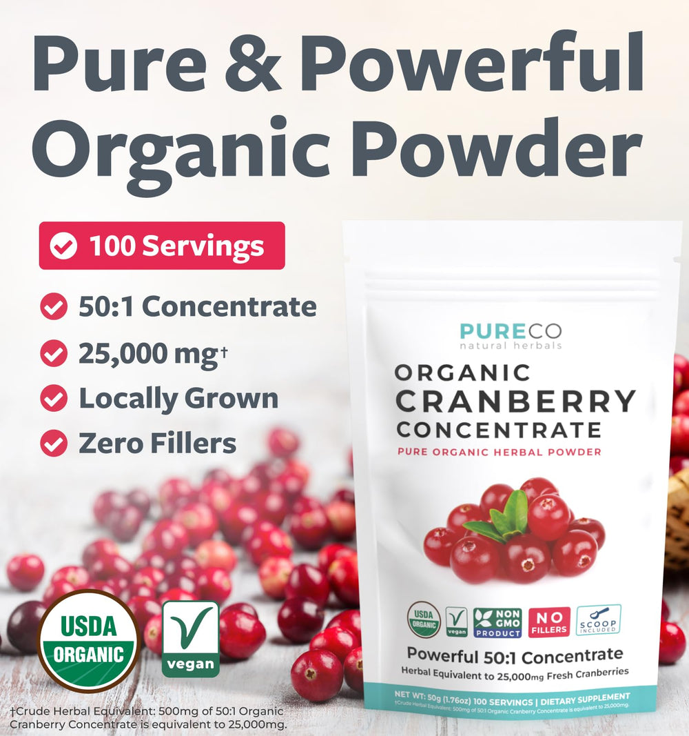 PURE CO organic cranberry concentrate bag close-up highlighting organic sourcing