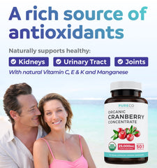 Pure Co Cranberry Pills capsules closeup highlighting vegan, non-GMO cranberry concentrate
