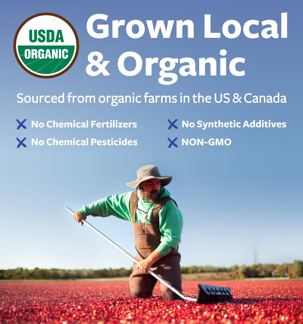 PURE CO cranberry powder label emphasizes organic, non-GMO origin.