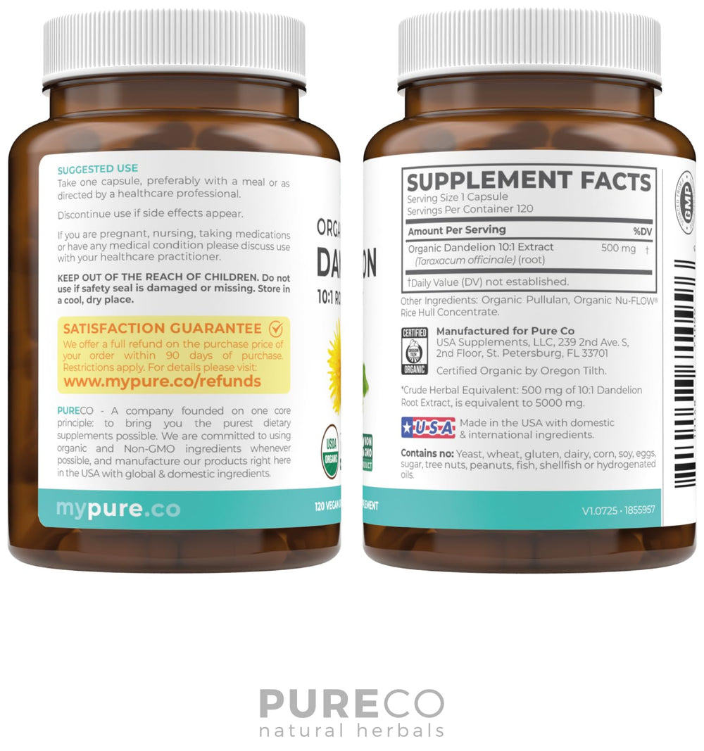 PURE CO Dandelion Root Extract 4 month supply emphasizing value