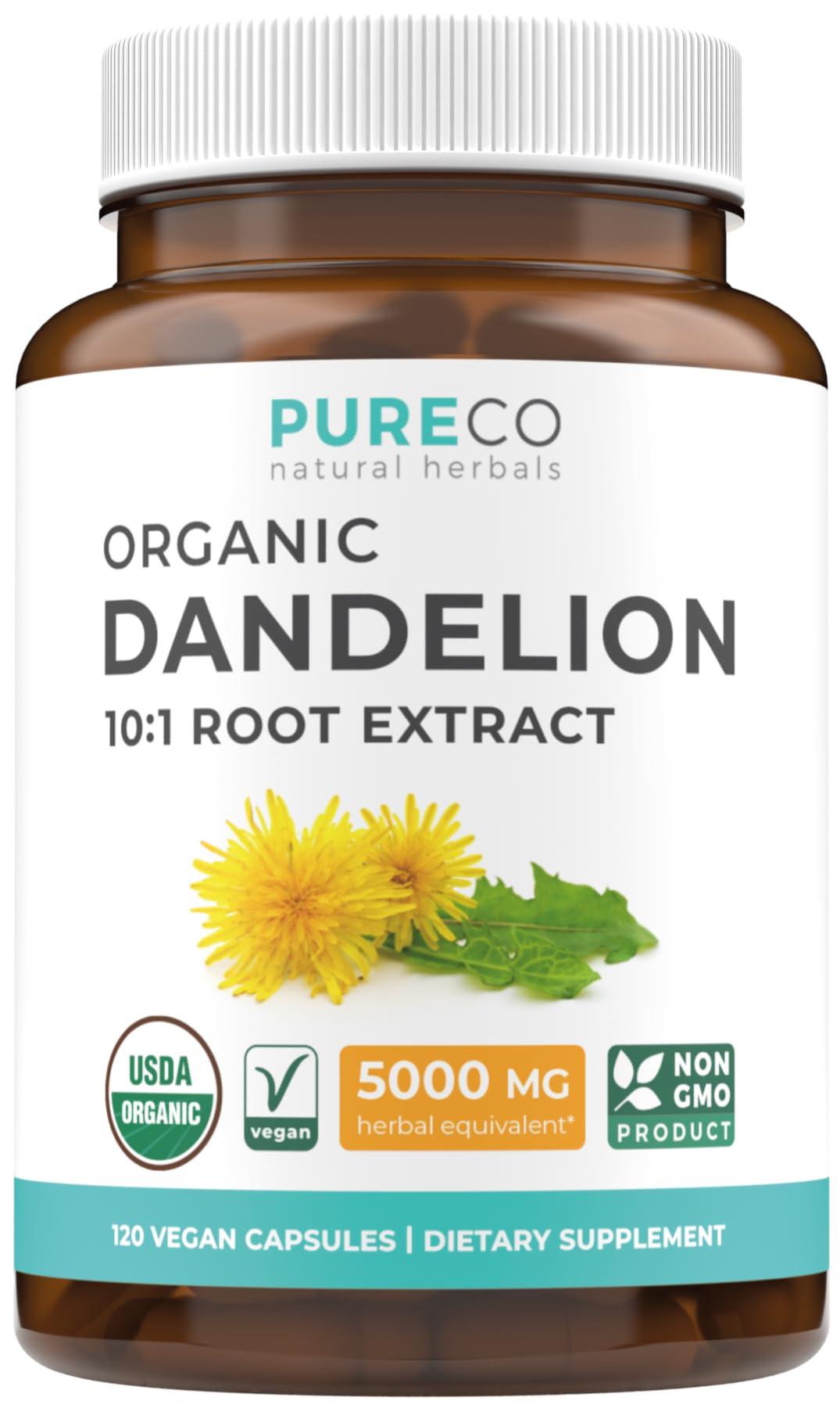 PURE CO Dandelion Root Extract bottle front showing organic potency