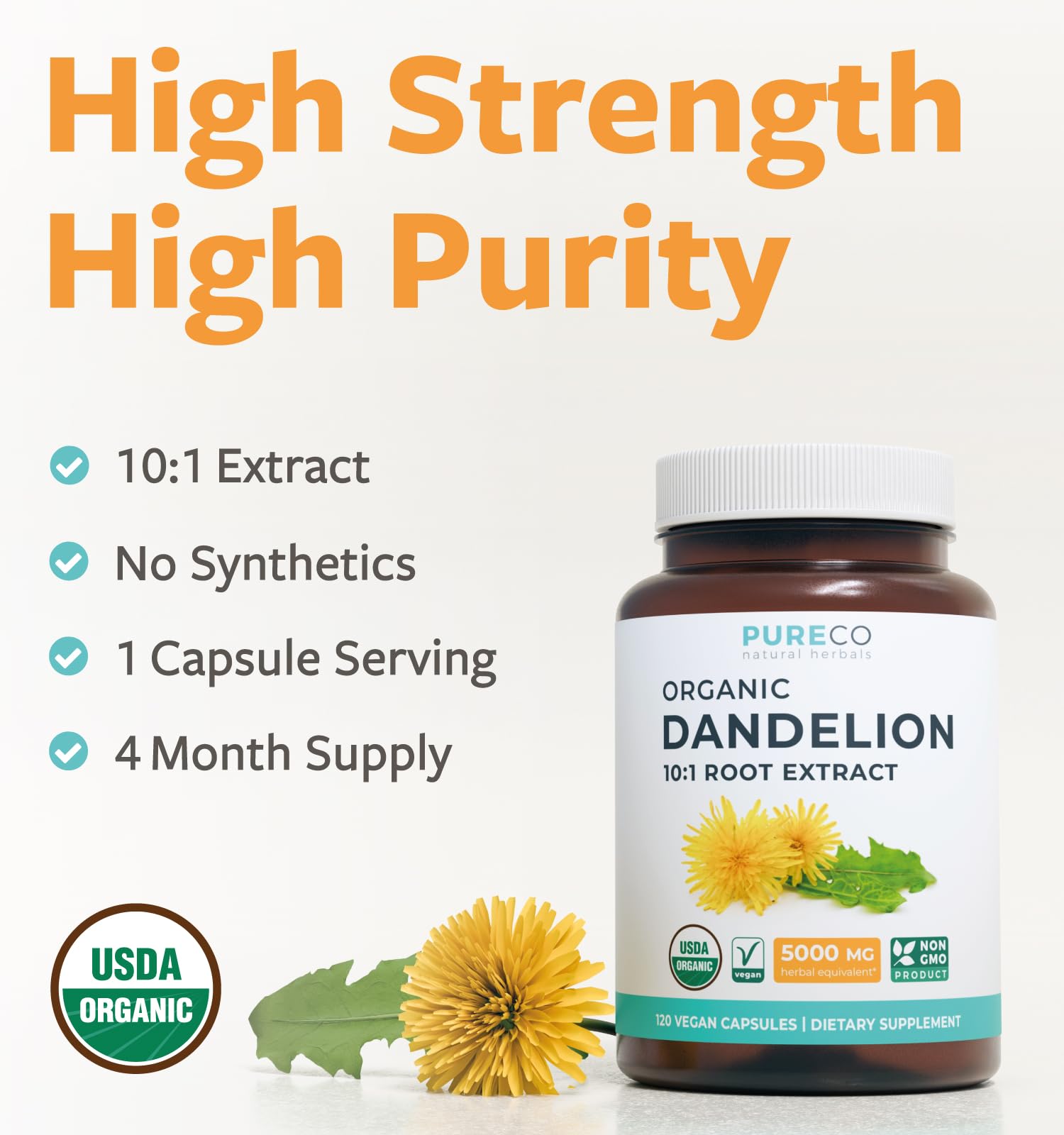 PURE CO Dandelion Root Extract capsules close-up highlighting potency
