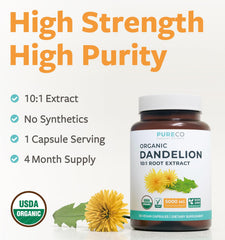 PURE CO Dandelion Root Extract capsules close-up highlighting potency