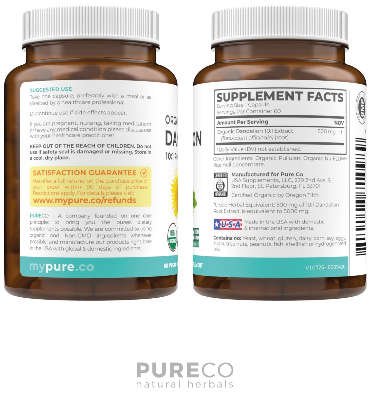 Pure Co dandelion root extract with glass of water.