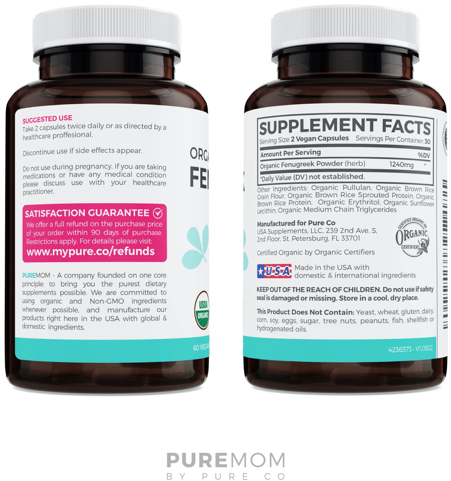 PURE CO fenugreek capsules front packaging on a clean surface
