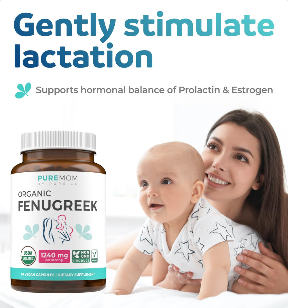 PURE CO fenugreek capsules label closeup highlighting vegan and gluten-free ingredients