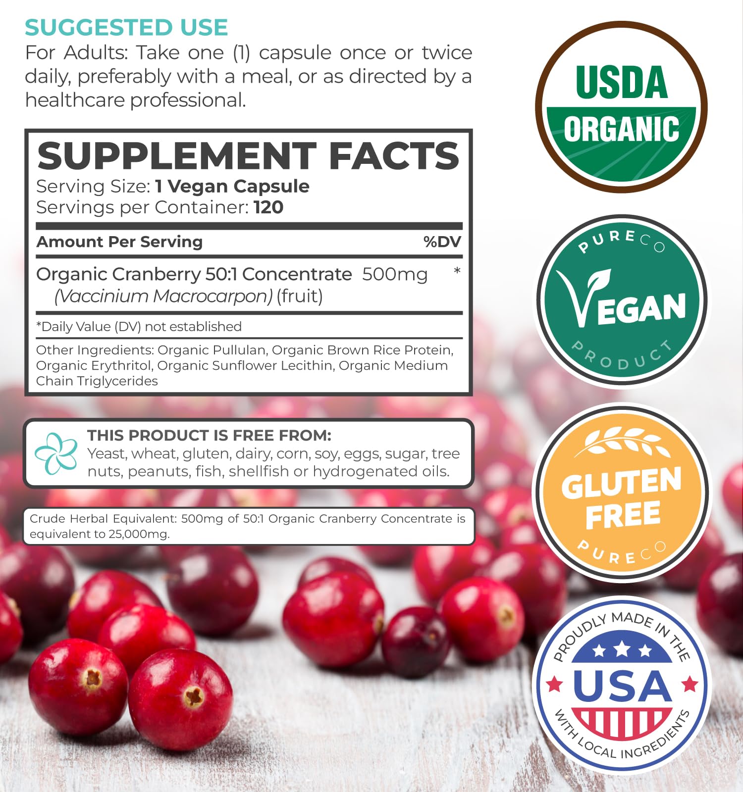 GMP certified USA facility symbol beside cranberry capsules
