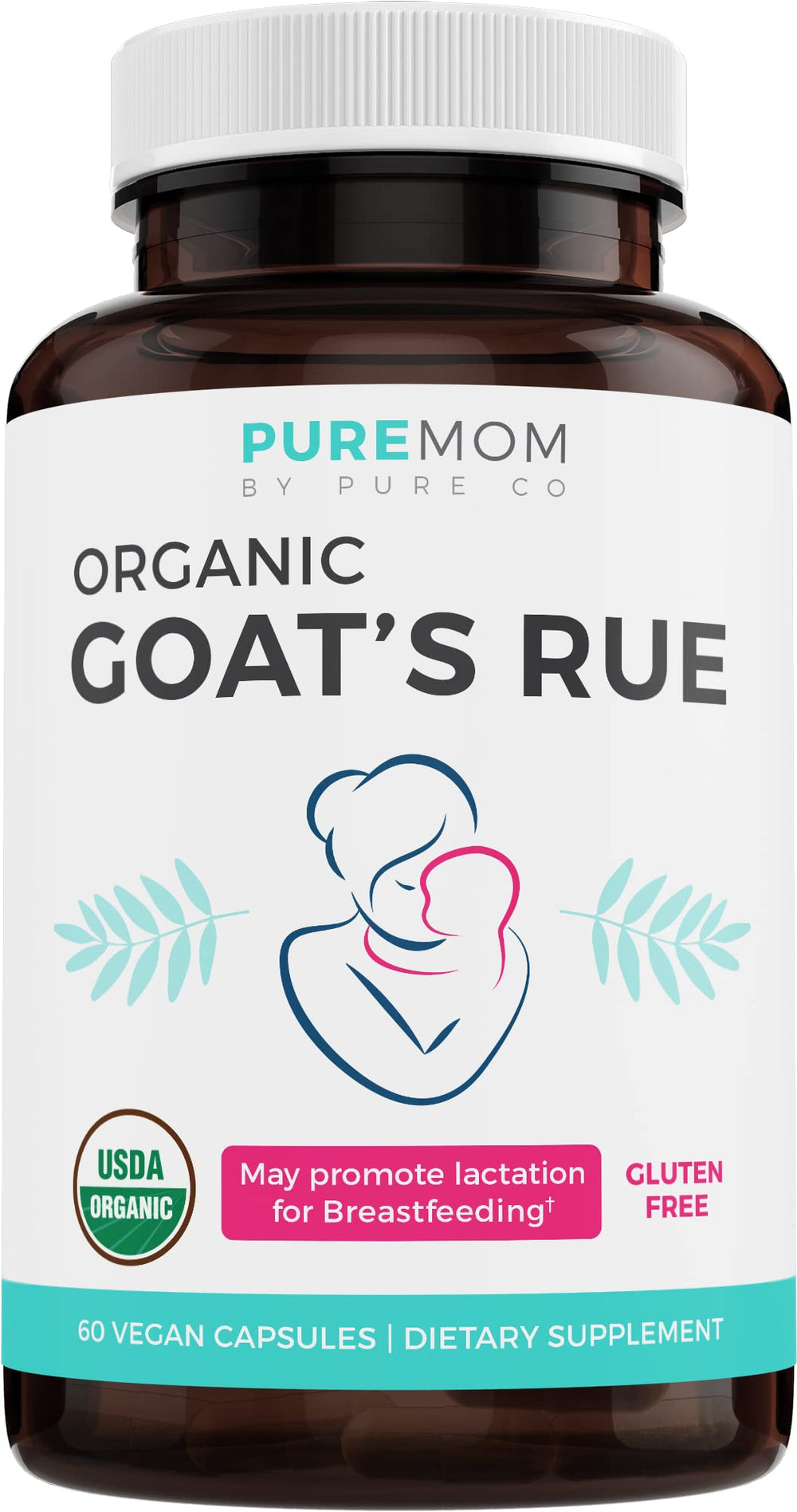 Pure Co Goat's Rue bottle on shelf showing lactation support.