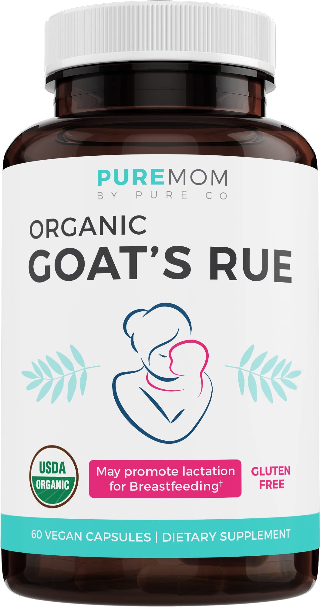 Pure Co Goat's Rue bottle on shelf showing lactation support.