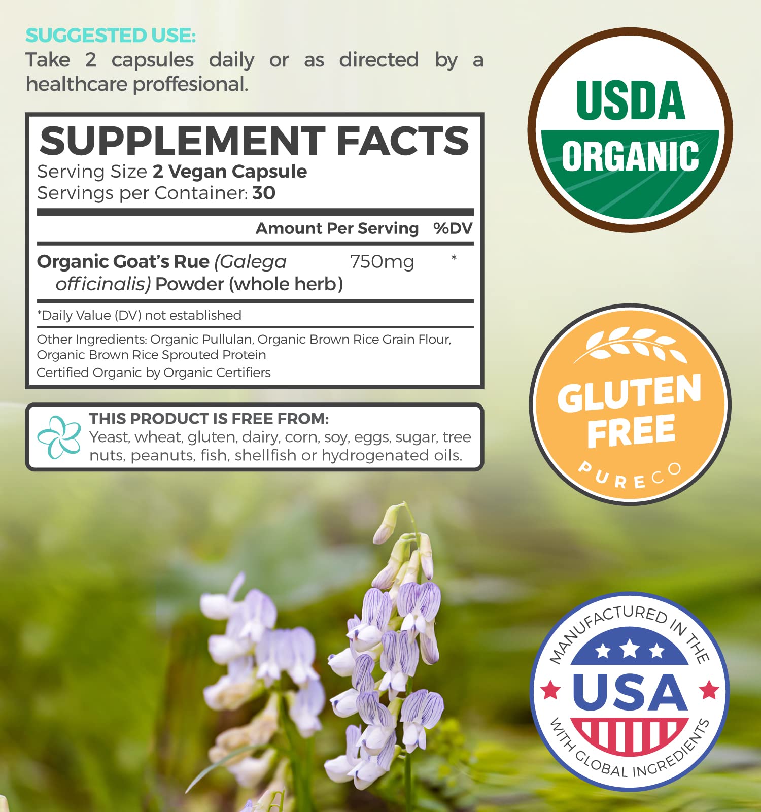 Close-up of Pure Co Goat's Rue label highlighting organic status.