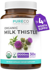 Pure Co milk thistle capsules bottle front highlighting organic, potent 80% silymarin blend