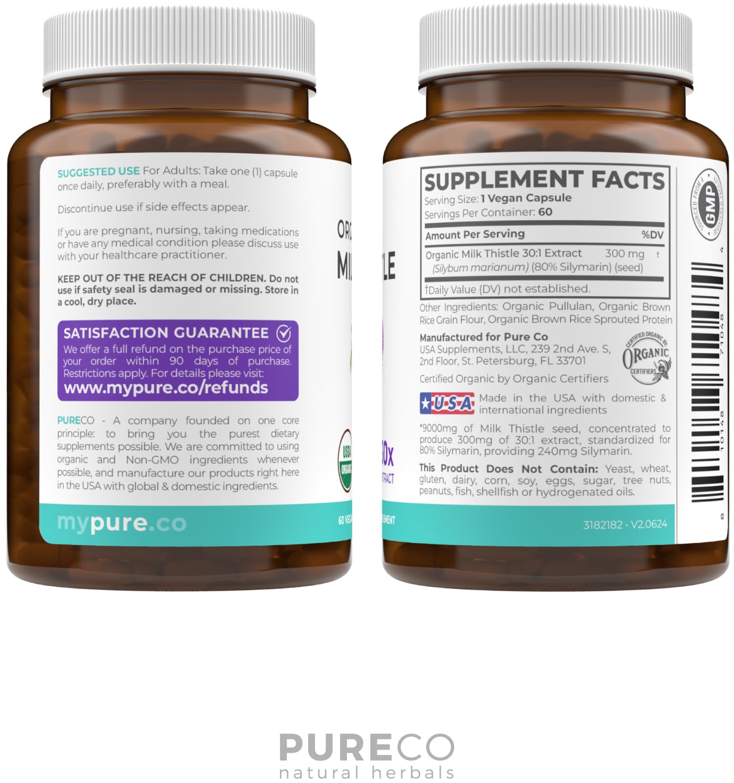 Pure Co Milk Thistle Capsules ingredients label emphasizes vegan capsule and organic rice.