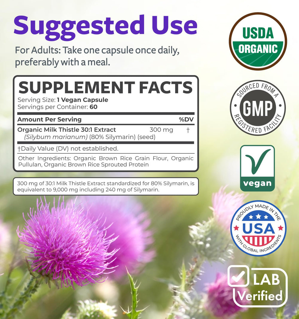 Pure Co Milk Thistle Capsules pour shot image illustrates easy daily dosing.