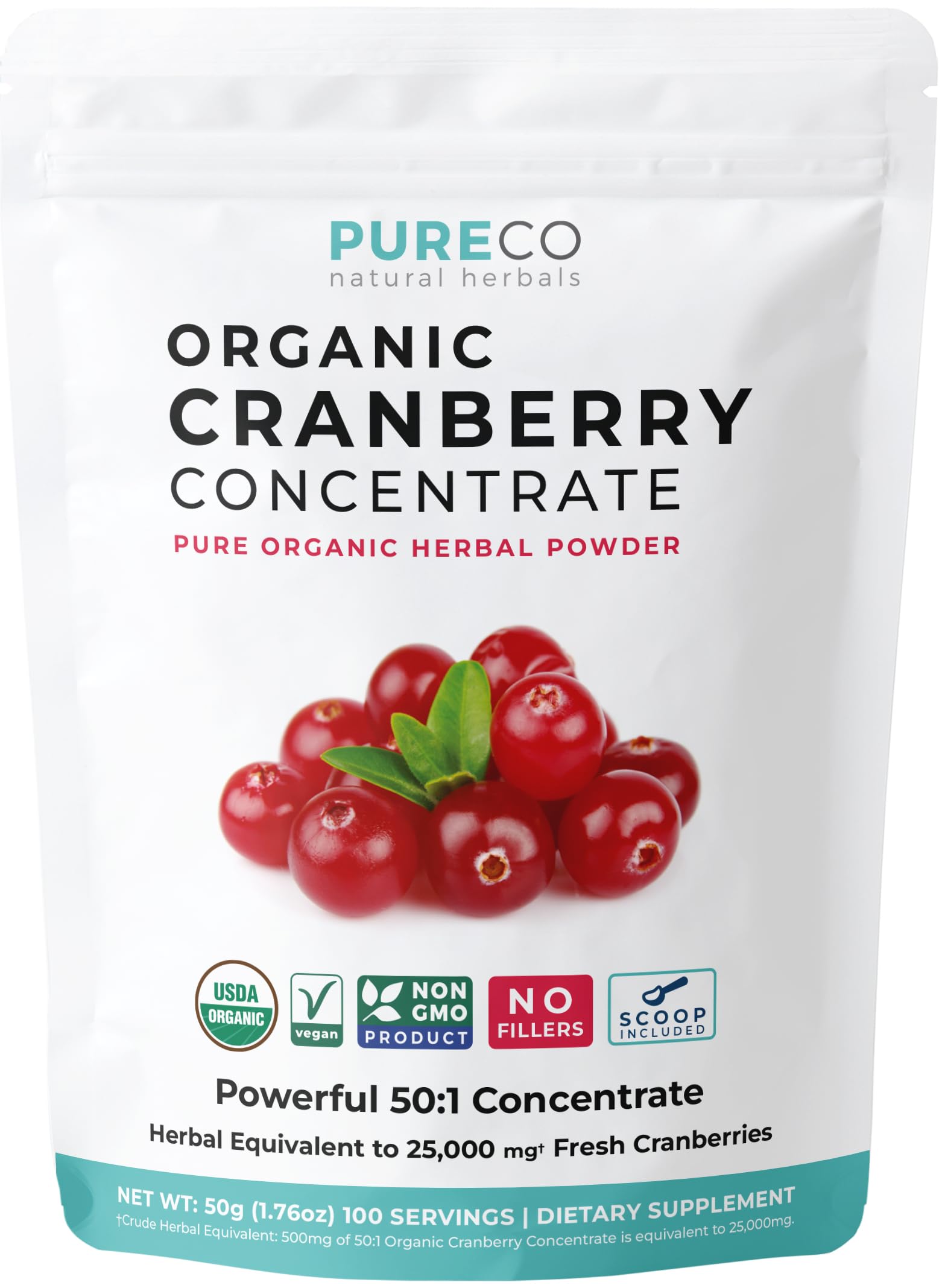 PURE CO cranberry concentrate powder scoop for daily urinary wellness support