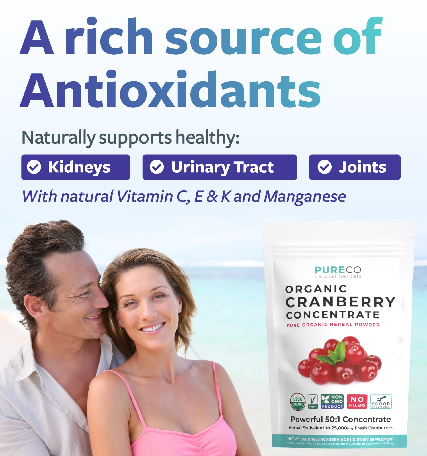 PURE CO cranberry powder jar with scoop ready to mix
