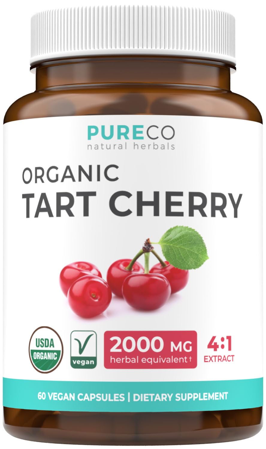 Pure Co Organic Tart Cherry Capsules bottle showing high-strength extract for daily support