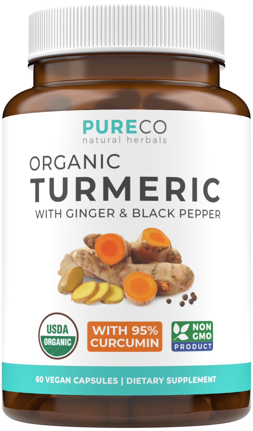 Pure Co Organic Turmeric Ginger Black Pepper bottle front for daily wellness.