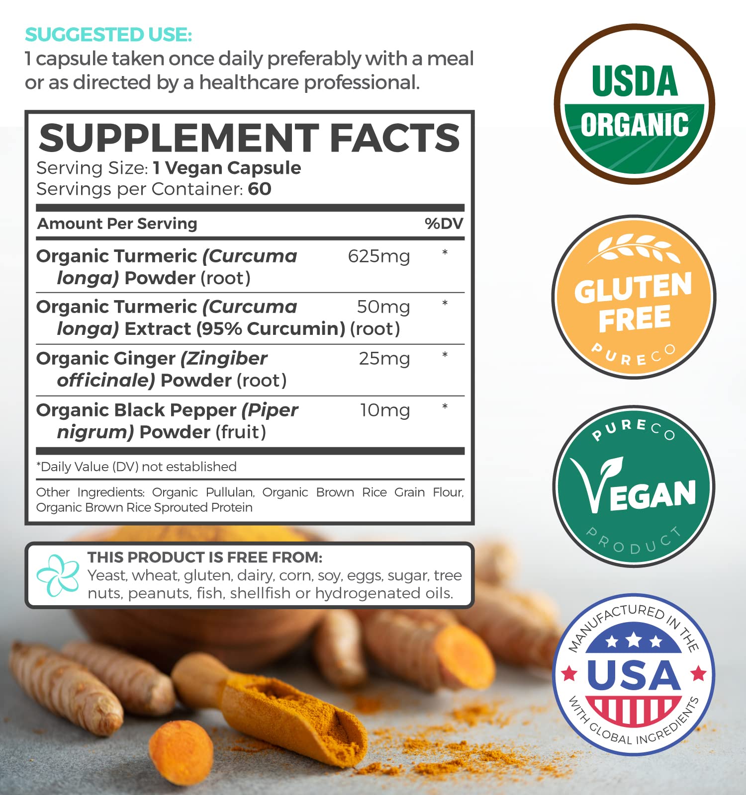 Pure Co Organic Turmeric Ginger Black Pepper label closeup with organic vegan ingredients.