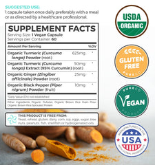 Pure Co Organic Turmeric Ginger Black Pepper label closeup with organic vegan ingredients.