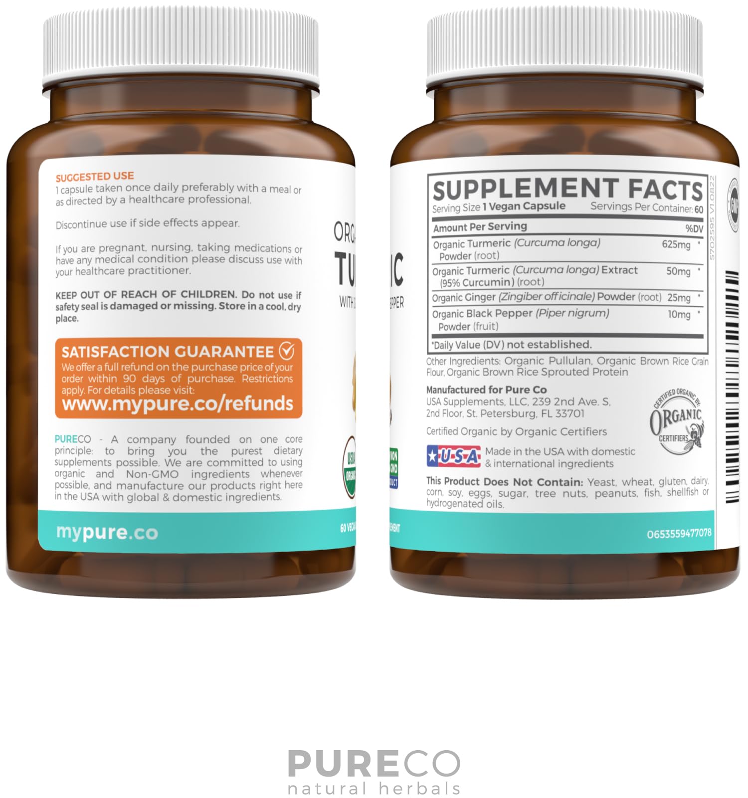 Vegan-friendly Pure Co turmeric ginger pepper supplement packaging.