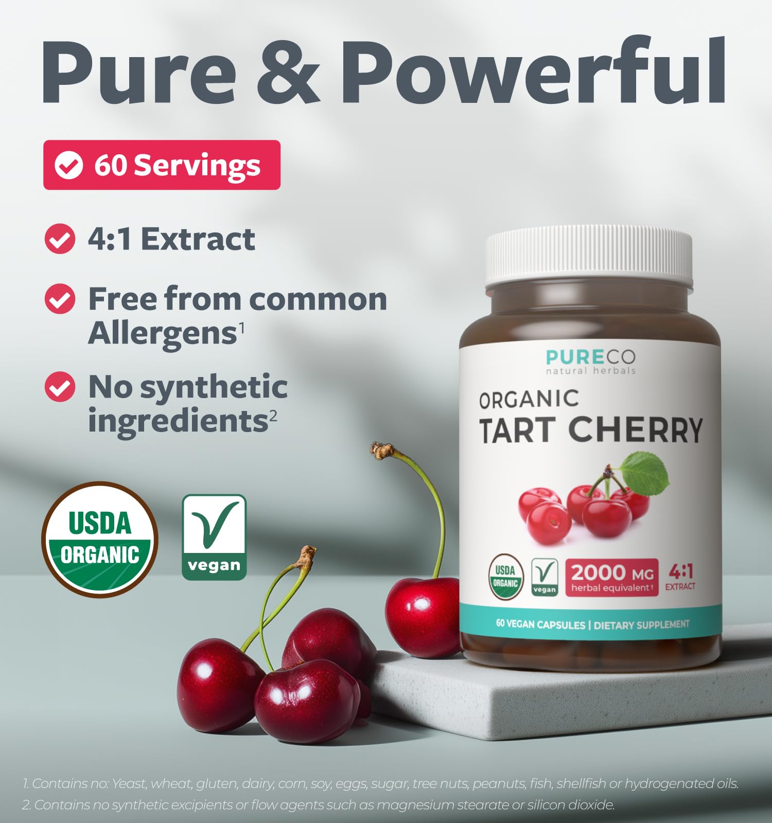 Pure Co tart cherry extract 4-to-1 capsules closeup highlighting potent formula