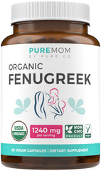 PURE CO fenugreek capsules bottle with USDA Organic seal for lactation support