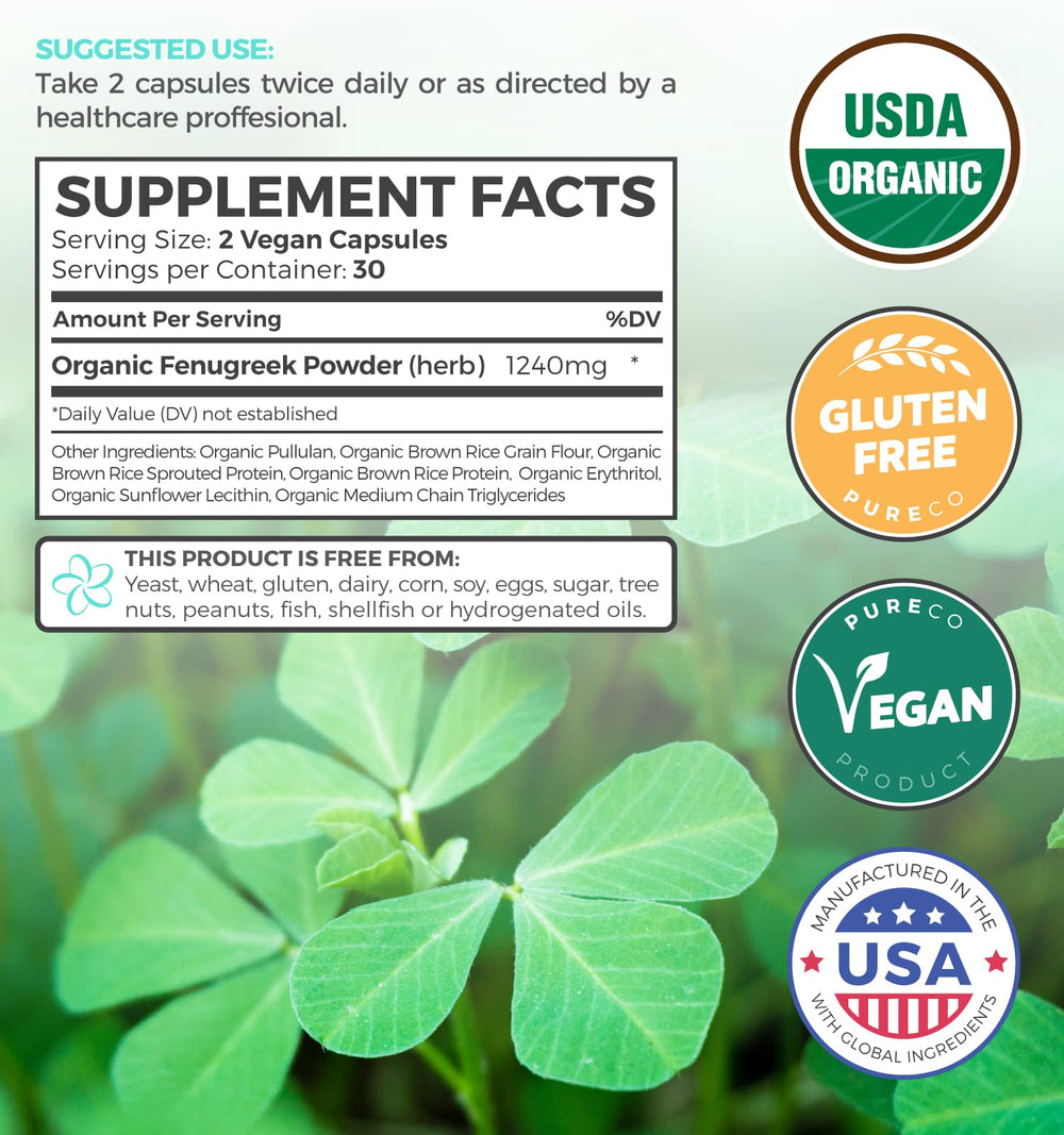 PURE CO vegan fenugreek capsules closeup emphasizing single-ingredient source