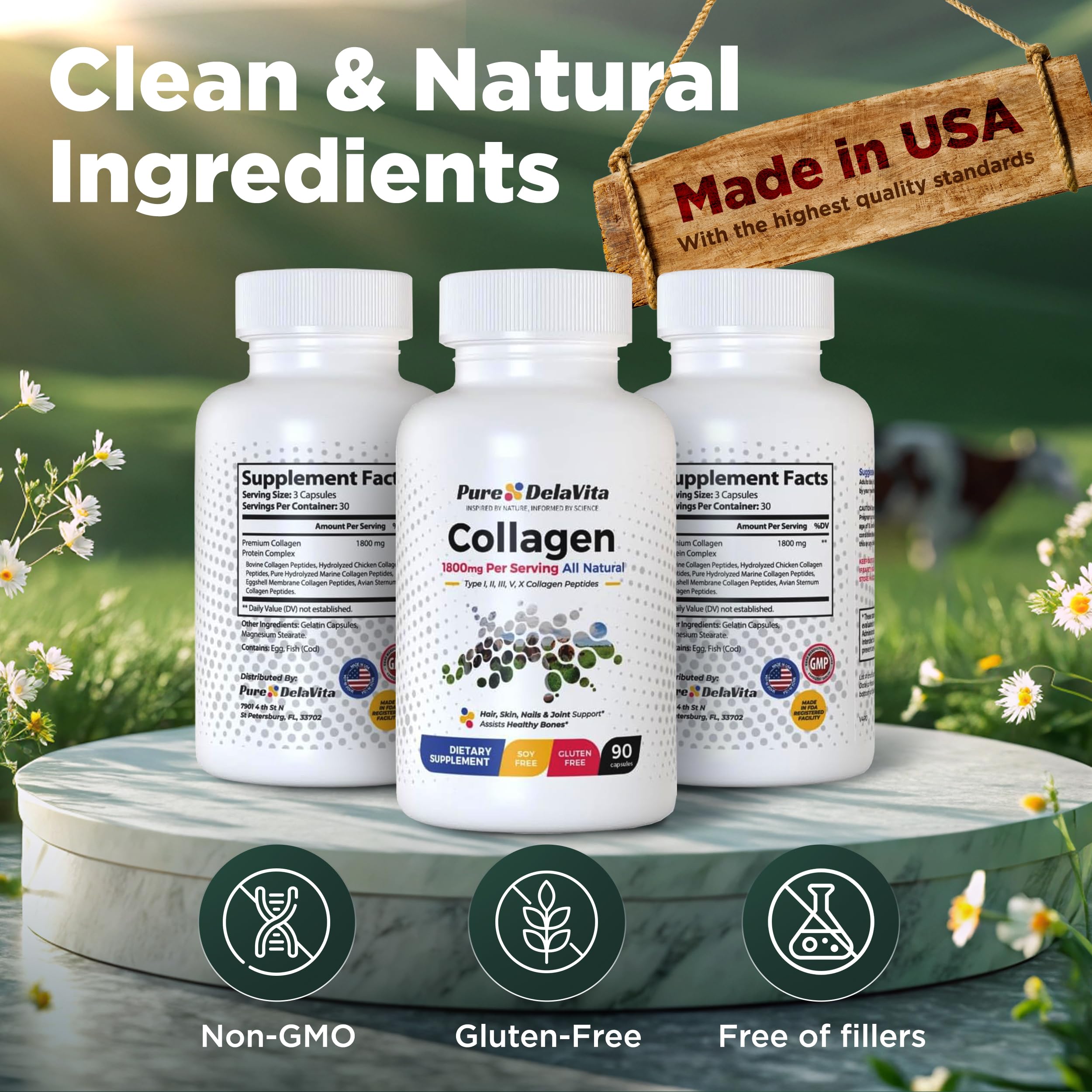 Pure DelaVita collagen capsules close-up highlighting high potency 1800mg
