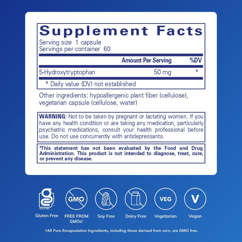 Pure Encapsulations 5-HTP capsules closeup showing smooth capsules for daily use.