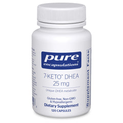 Pure Encapsulations 7-Keto DHEA 25 mg bottle front displaying a pure supplement