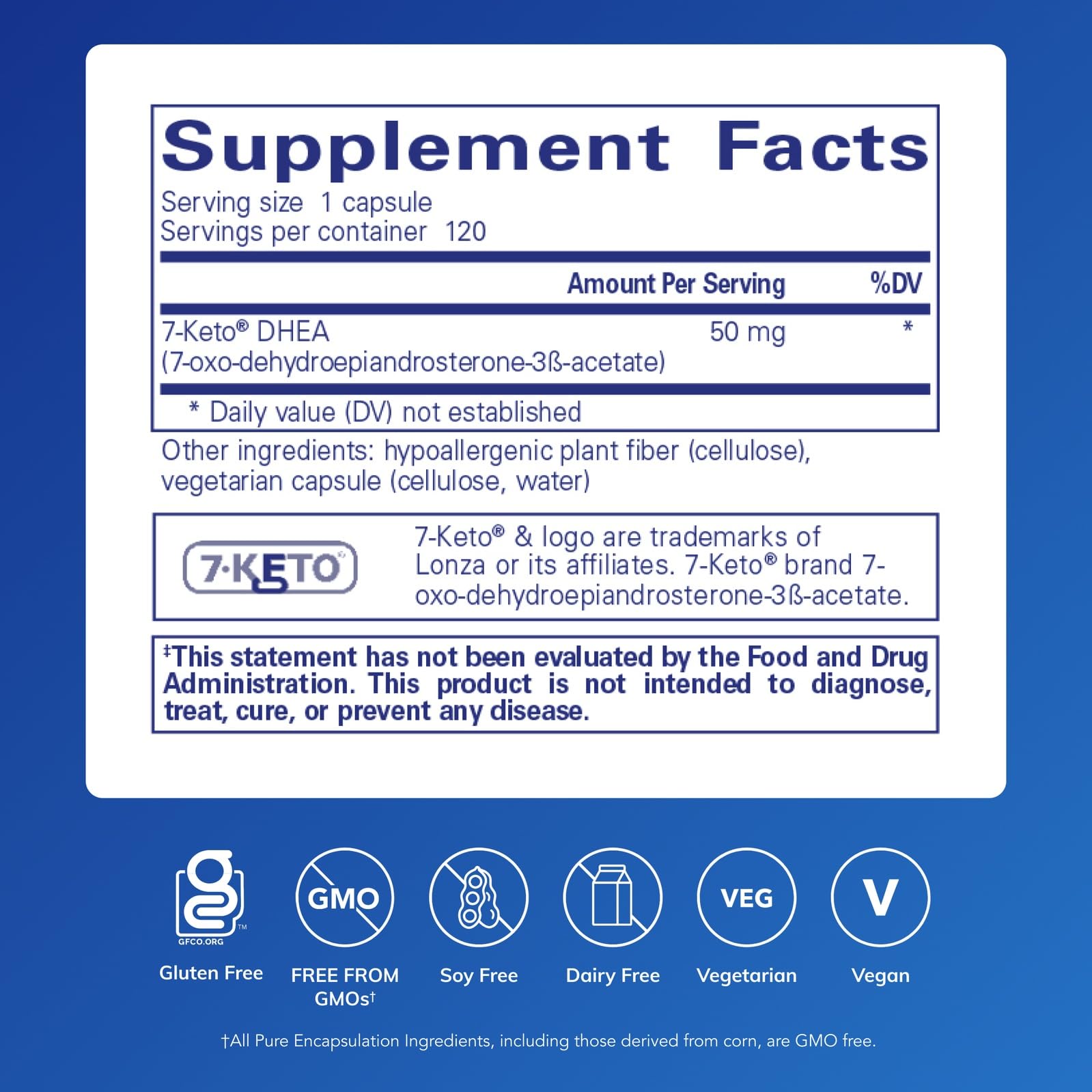Pure Encapsulations 7-Keto DHEA bottle label highlights high-purity formula
