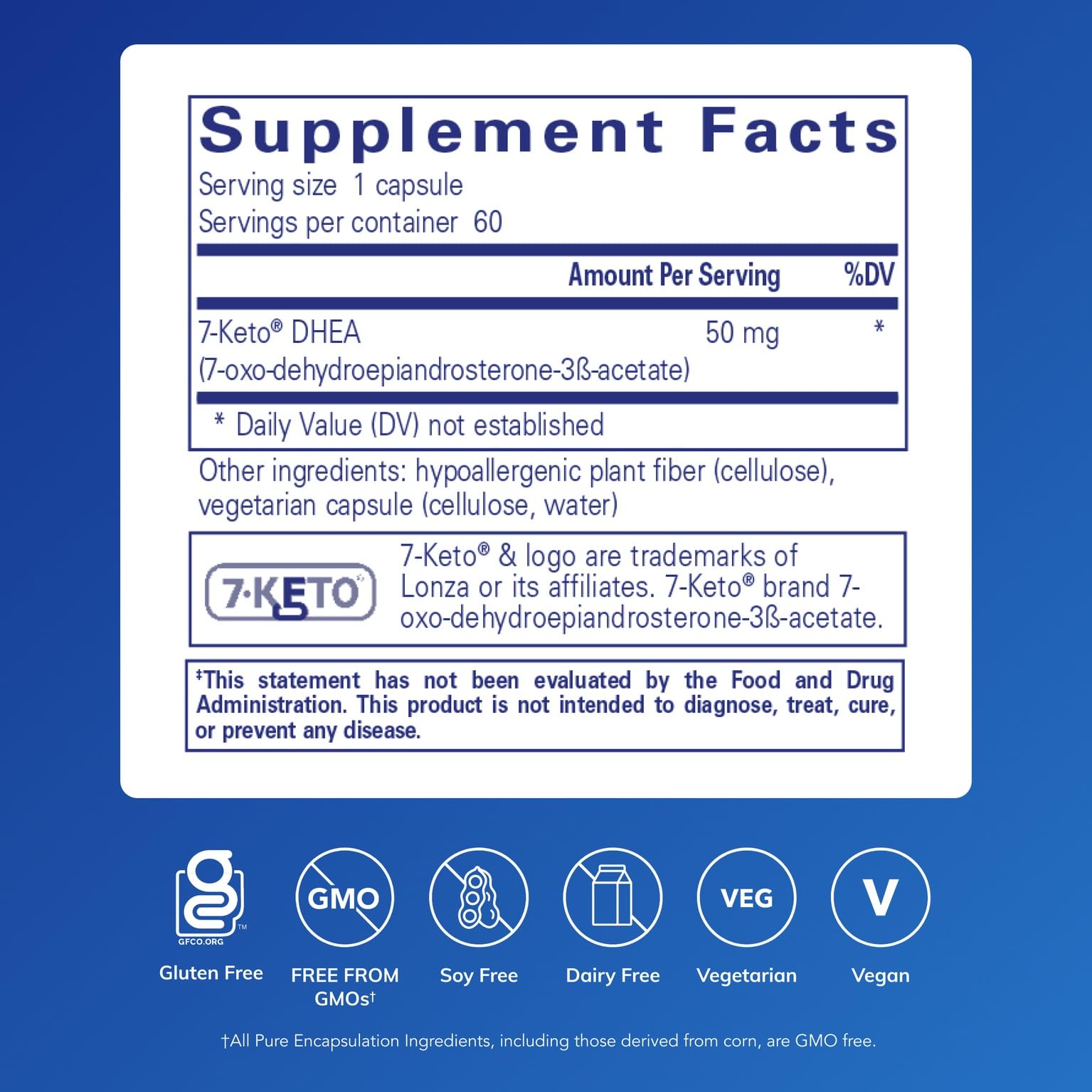 Close-up of 7-Keto DHEA 50 mg capsules highlighting purity for daily use.