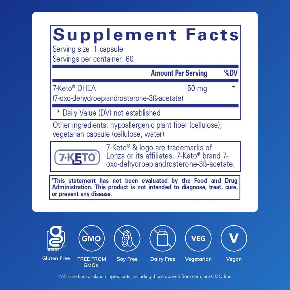 Close-up of 7-Keto DHEA 50 mg capsules highlighting purity for daily use.