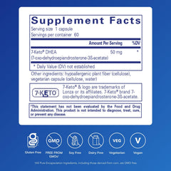 Close-up of 7-Keto DHEA 50 mg capsules highlighting purity for daily use.