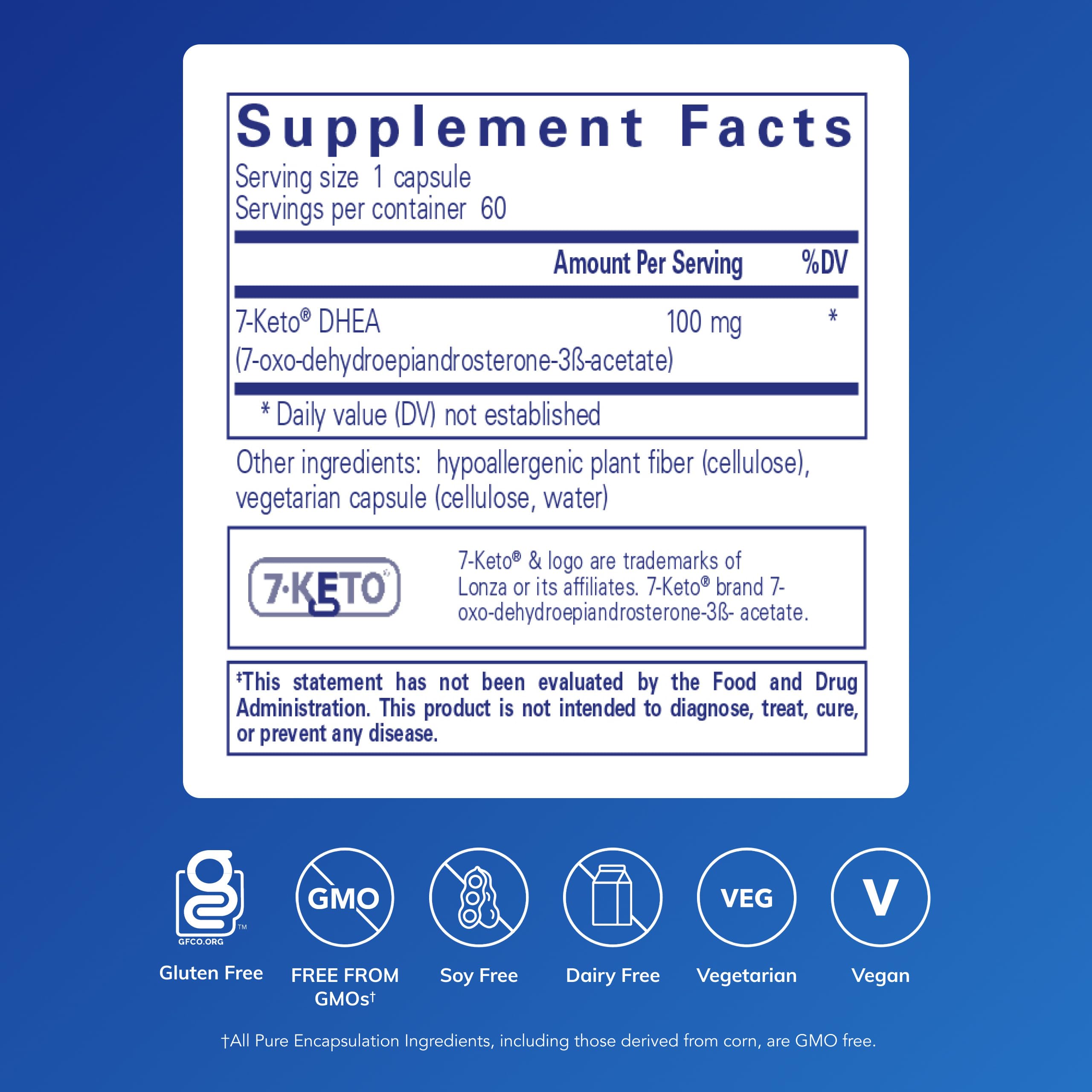 Pure Encapsulations 7-Keto DHEA bottle side view with label detail for clarity