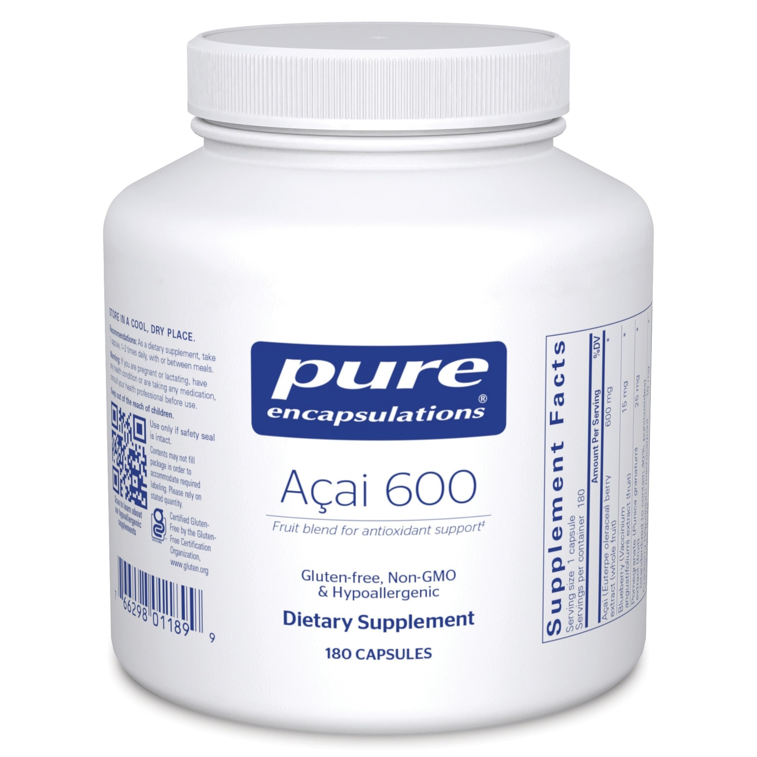 Pure Encapsulations Acai 600 bottle front showing antioxidant berry formula