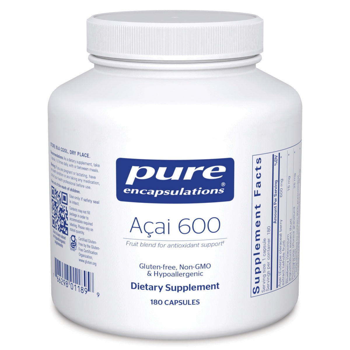 Pure Encapsulations Acai 600 bottle front showing antioxidant berry formula