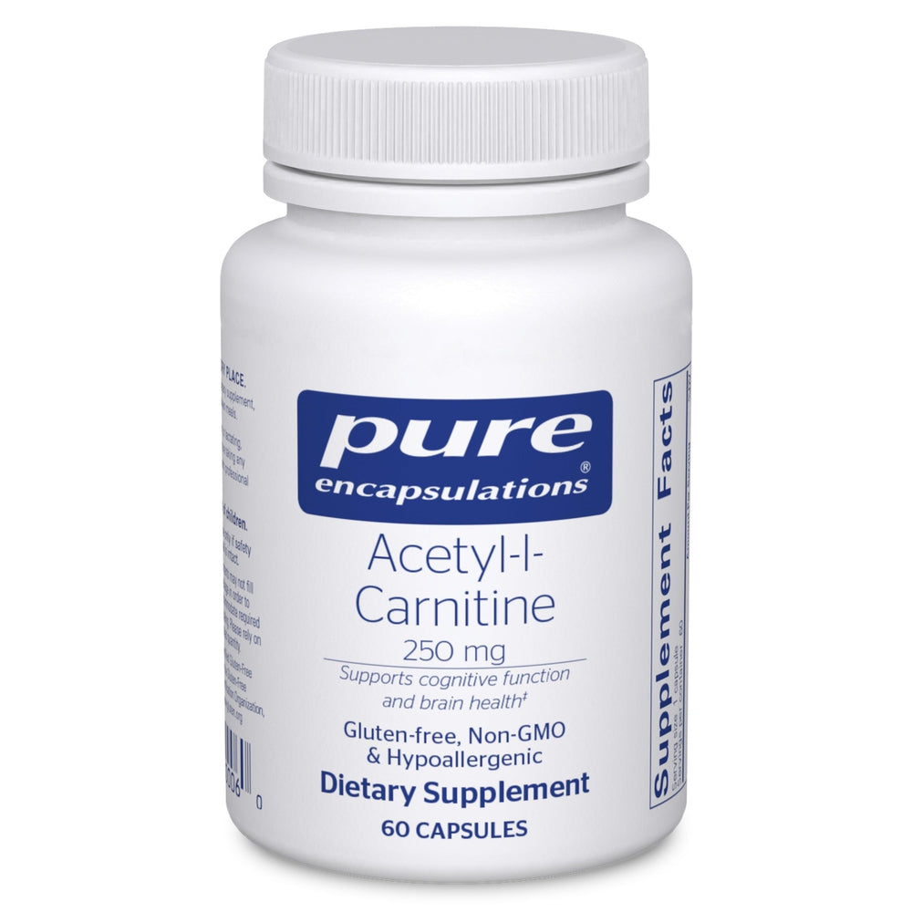 Pure Encapsulations acetyl-L-carnitine 250 mg bottle for memory support and clean ingredients.