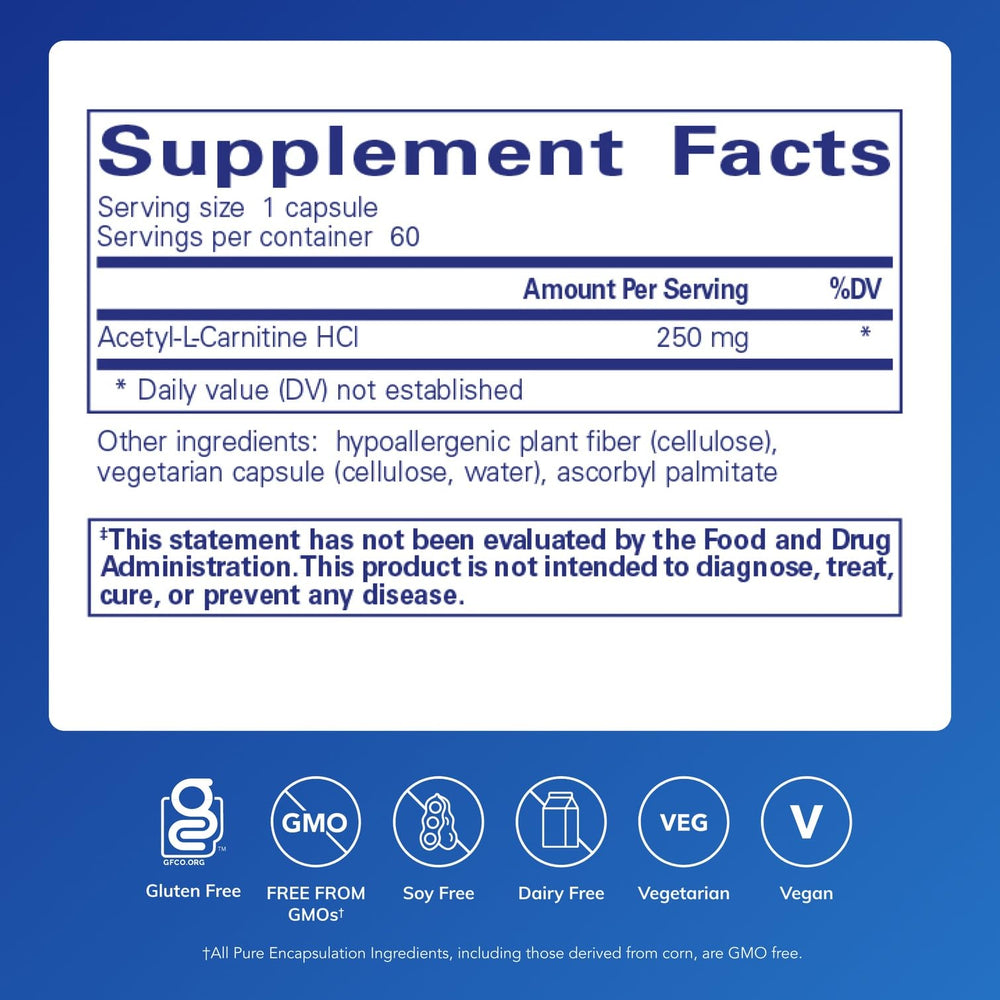 Pure Encapsulations acetyl-L-carnitine 250 mg capsules front label emphasizes vegan, gluten-free formula.