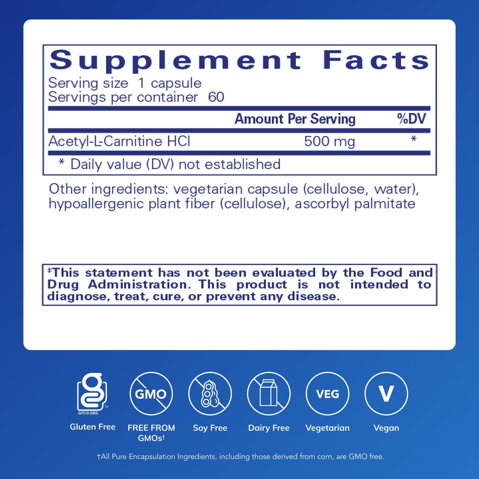 Pure Encapsulations Acetyl-L-Carnitine capsules close-up highlighting vegan-friendly formula