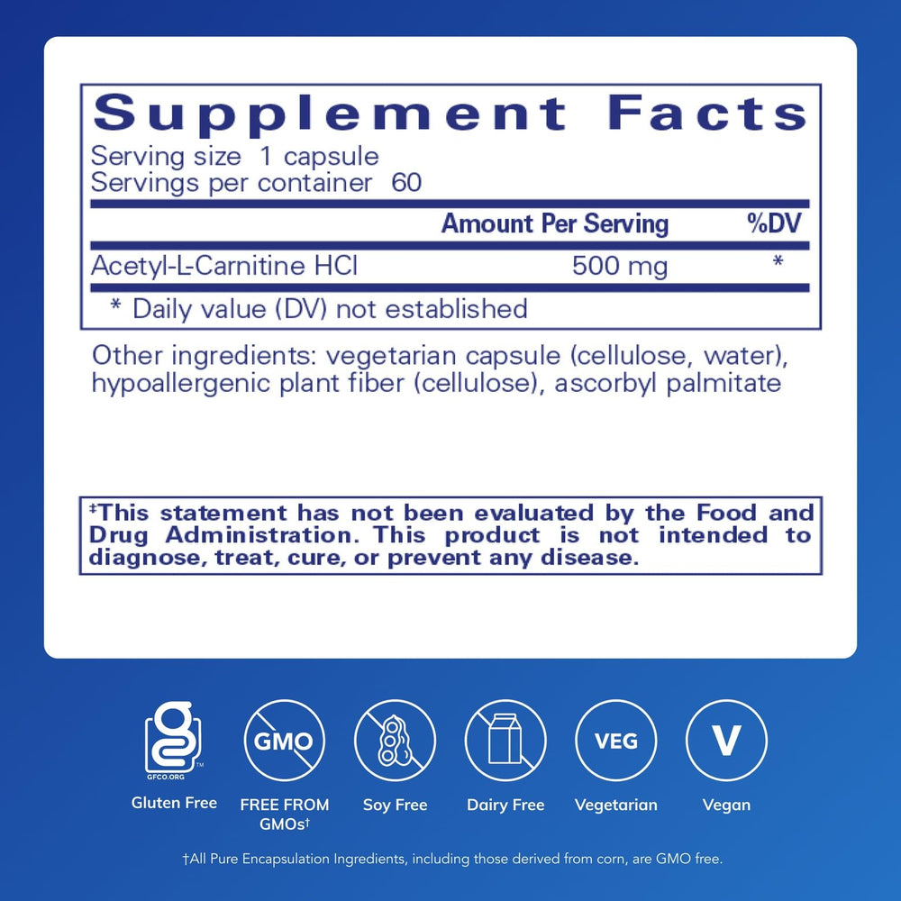 Pure Encapsulations Acetyl-L-Carnitine capsules close-up highlighting vegan-friendly formula