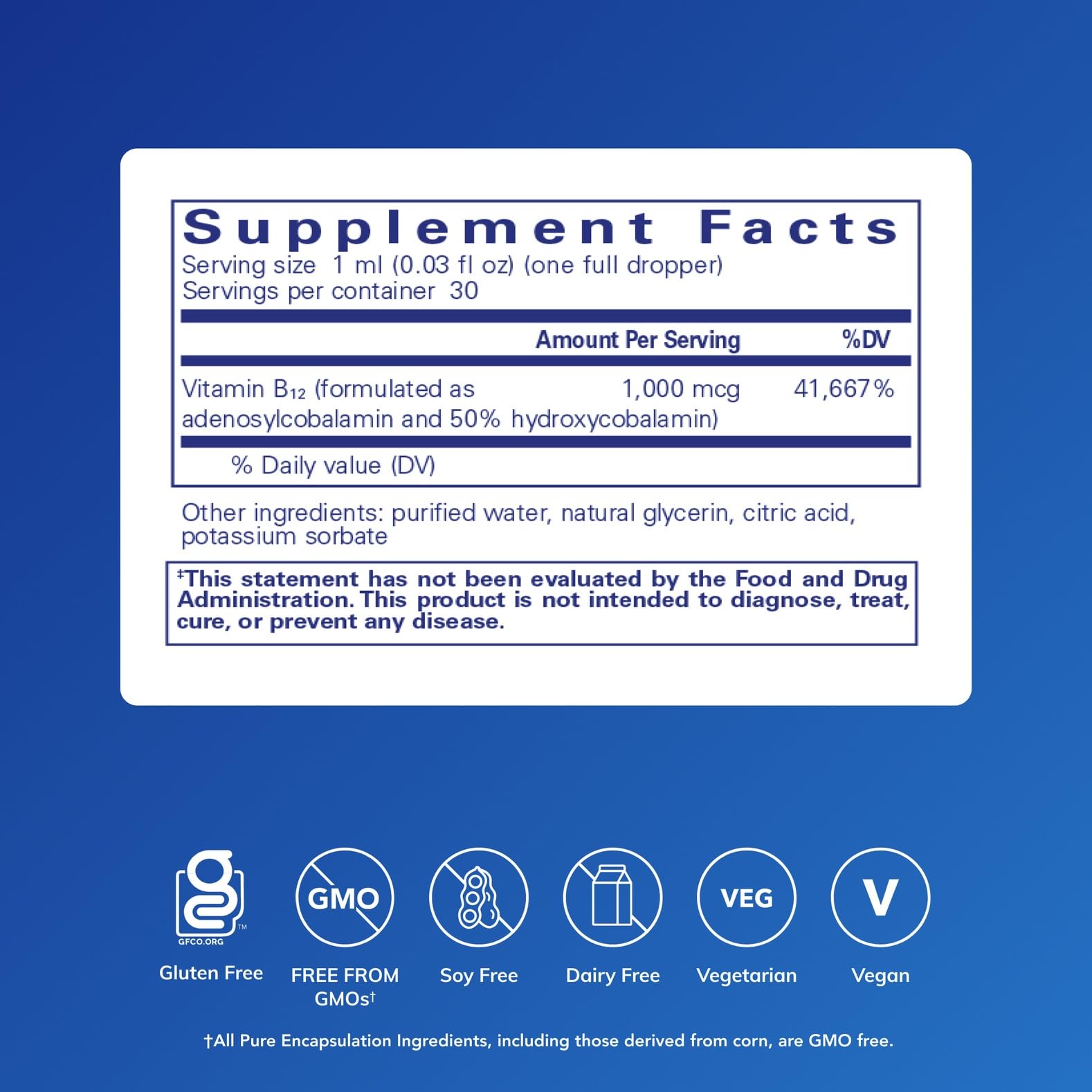 Pure Encapsulations Adenosyl/Hydroxy B12 liquid label highlights vegan gluten-free brain support