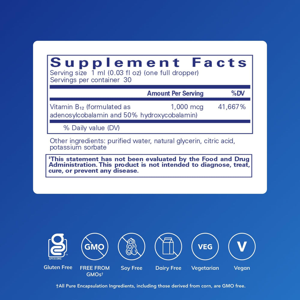Pure Encapsulations Adenosyl/Hydroxy B12 liquid label highlights vegan gluten-free brain support