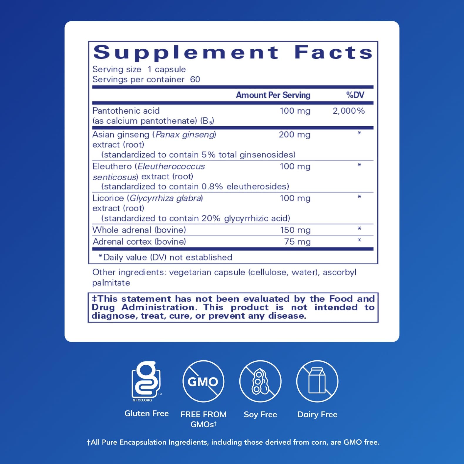 Pure Encapsulations ADR Formula label close-up highlighting hypoallergenic ingredients.