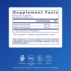 Pure Encapsulations Adrenal Cortex bottle label close-up emphasizing transparent ingredients.