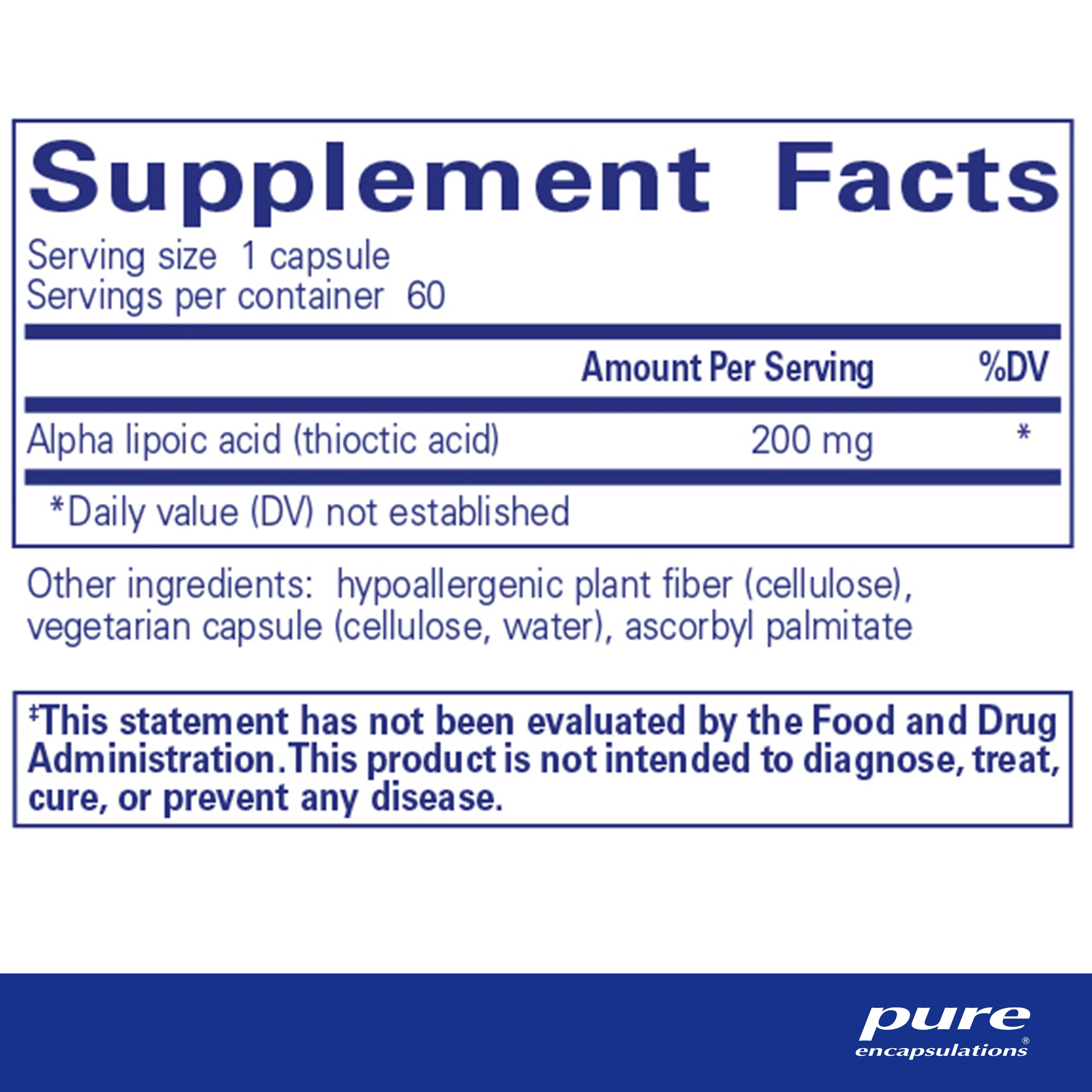 Pure Encapsulations Alpha Lipoic Acid 200 mg bottle on counter; vegan and non GMO formulation.