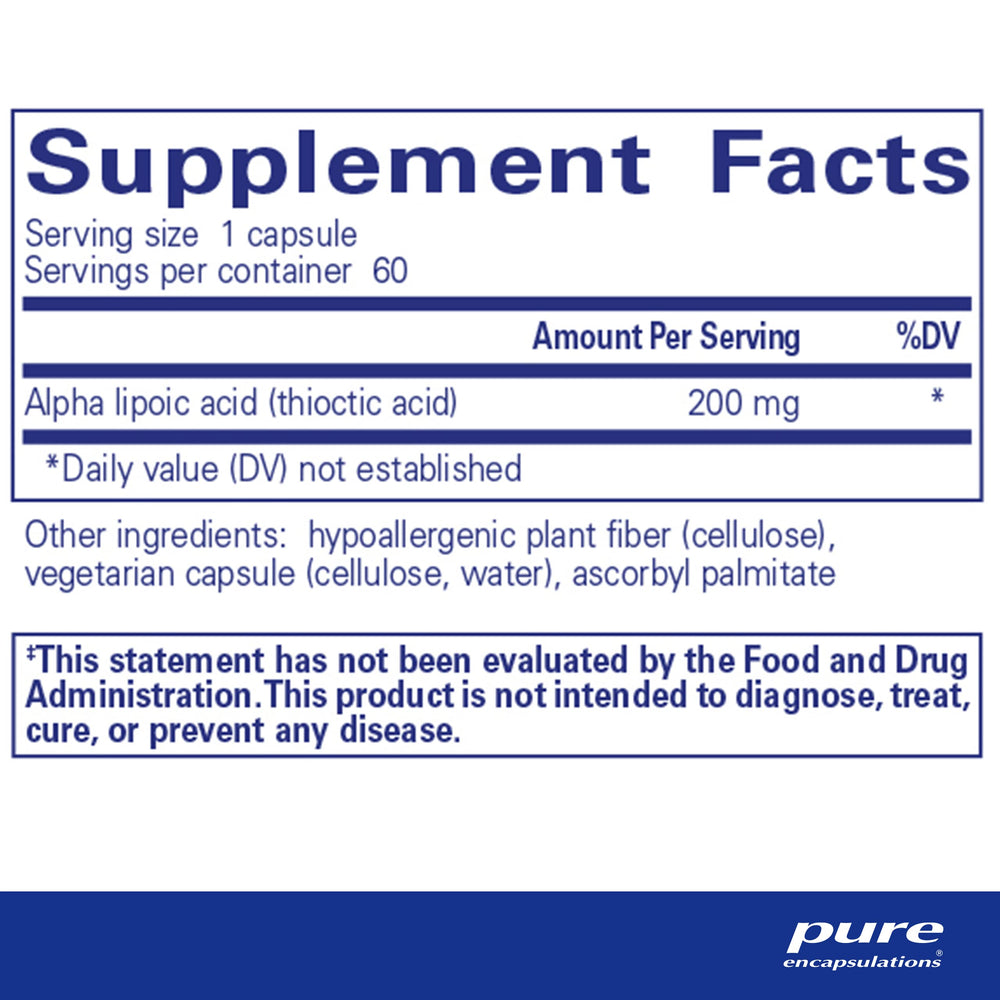 Pure Encapsulations Alpha Lipoic Acid 200 mg bottle on counter; vegan and non GMO formulation.