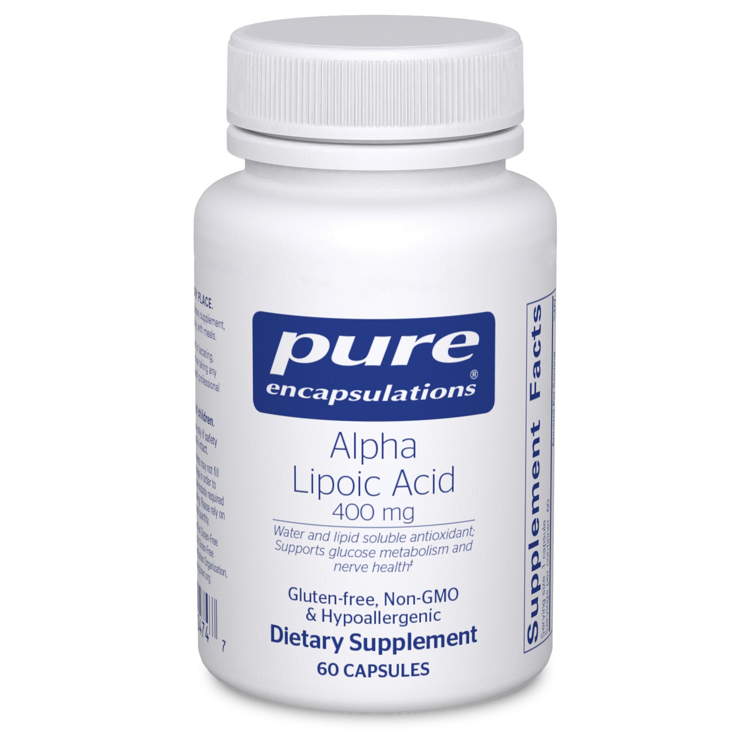 Pure Encapsulations Alpha Lipoic Acid 400 mg bottle shown for daily antioxidant support.