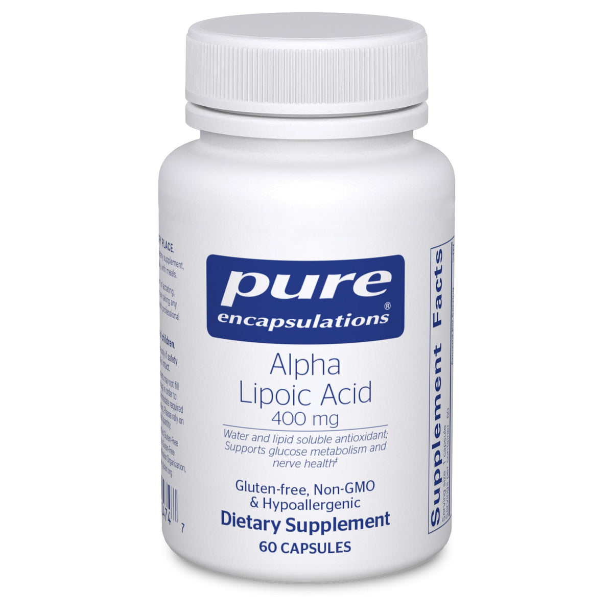 Pure Encapsulations Alpha Lipoic Acid 400 mg bottle shown for daily antioxidant support.